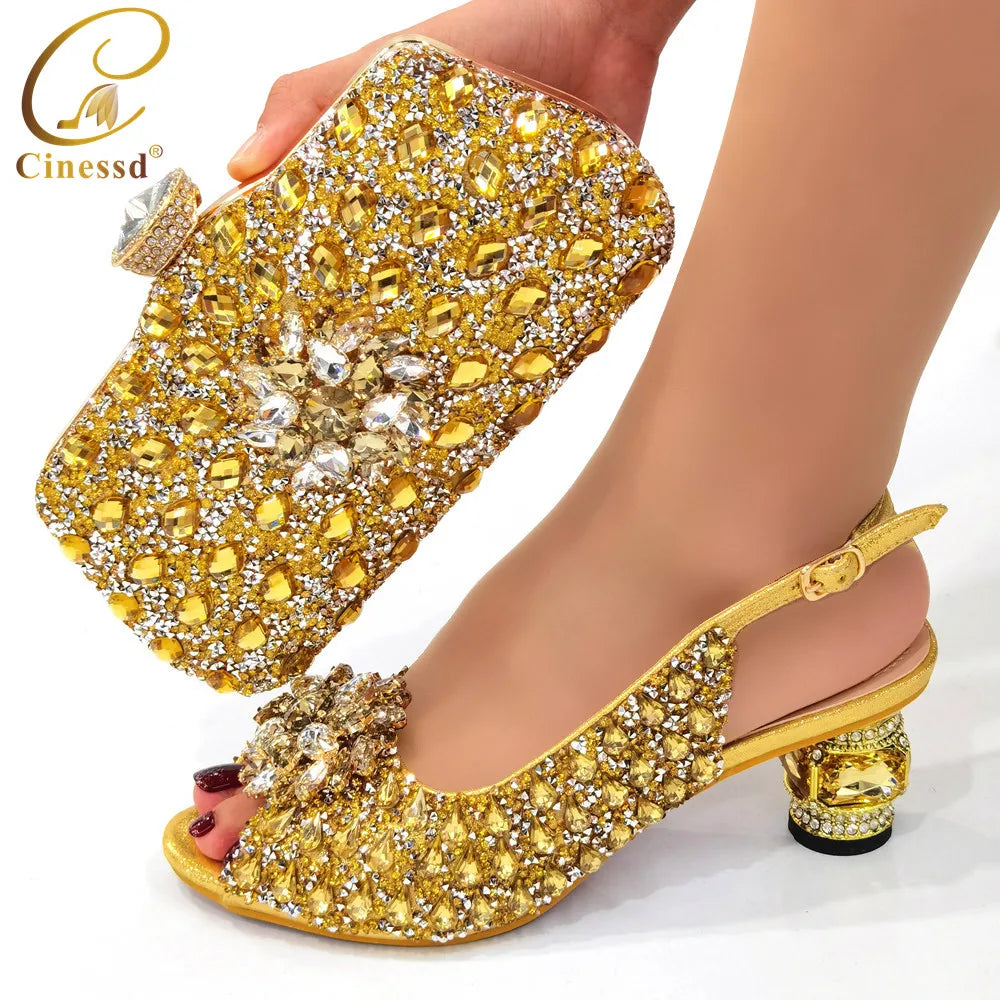 Ladies Italian Shoes and Bag Set Decorated with Rhinestone Matching Shoes and Bag Set In Heels Women Comfy Platform Sandal Shoes