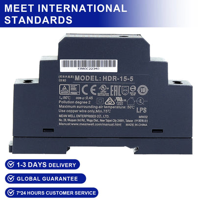 Mean Well HDR-15-5 5V 2.4A 15W Single Output DIN Rail Power Supply - Compact, Reliable for Industrial Automation and More