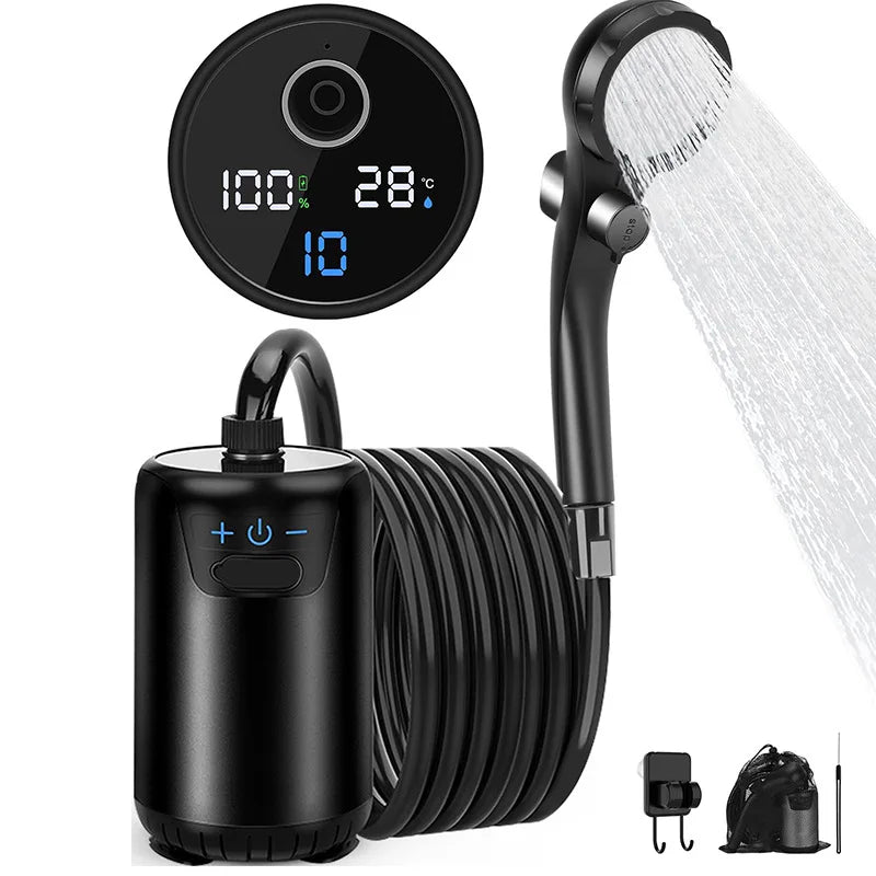 Portable Shower for Camping, 8000mAh Rechargeable Camping Shower with Intelligent LED Display, 4 Spray Modes
