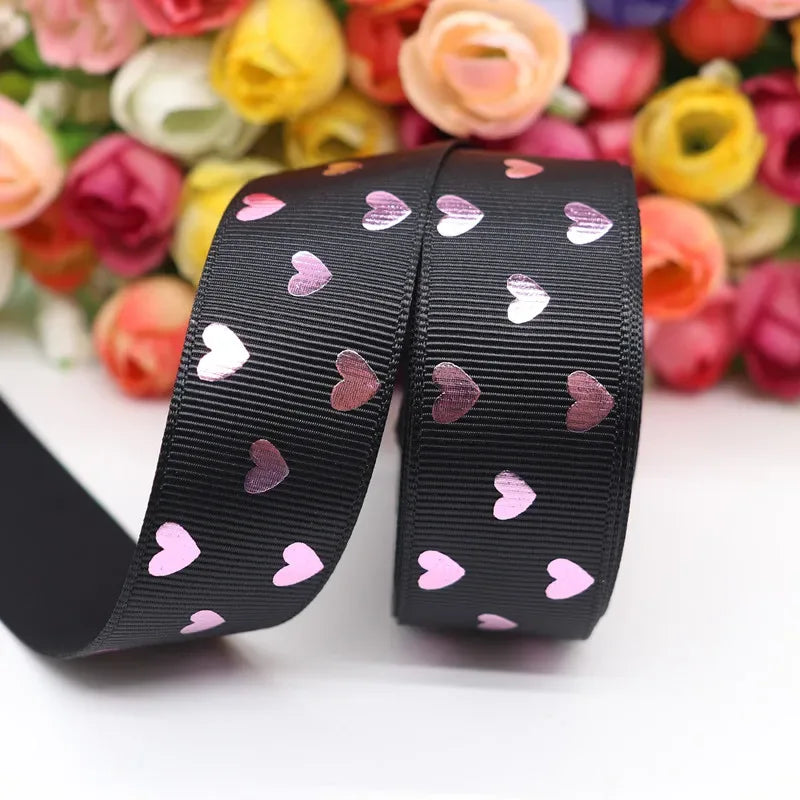 5 Yards 1" 25MM Valentine's Day Pink Gold Heart-Shaped Printed Ribbon For Hair Bows DIY Crafts Handmade Accessories M20012103