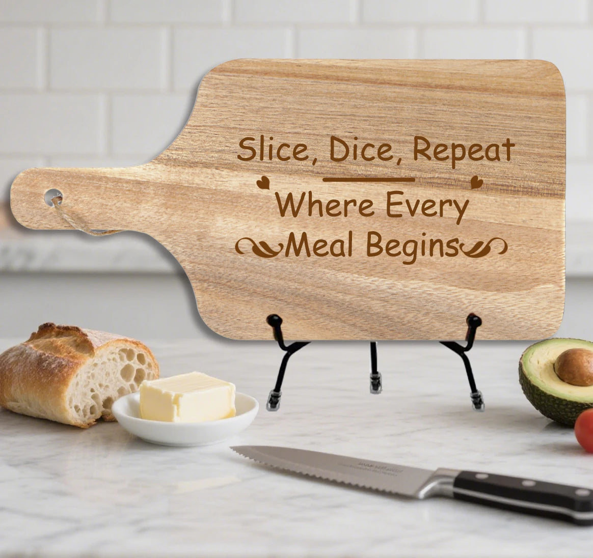 12x6 Inch Natural Wood Handicrafts Serving Board for Kitchen Decor & Family Gift Slice Dice Repeat Engraved Wooden Cutting Board
