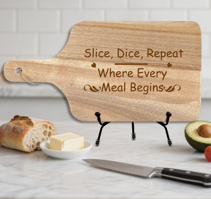 12x6 Inch Natural Wood Handicrafts Serving Board for Kitchen Decor & Family Gift Slice Dice Repeat Engraved Wooden Cutting Board