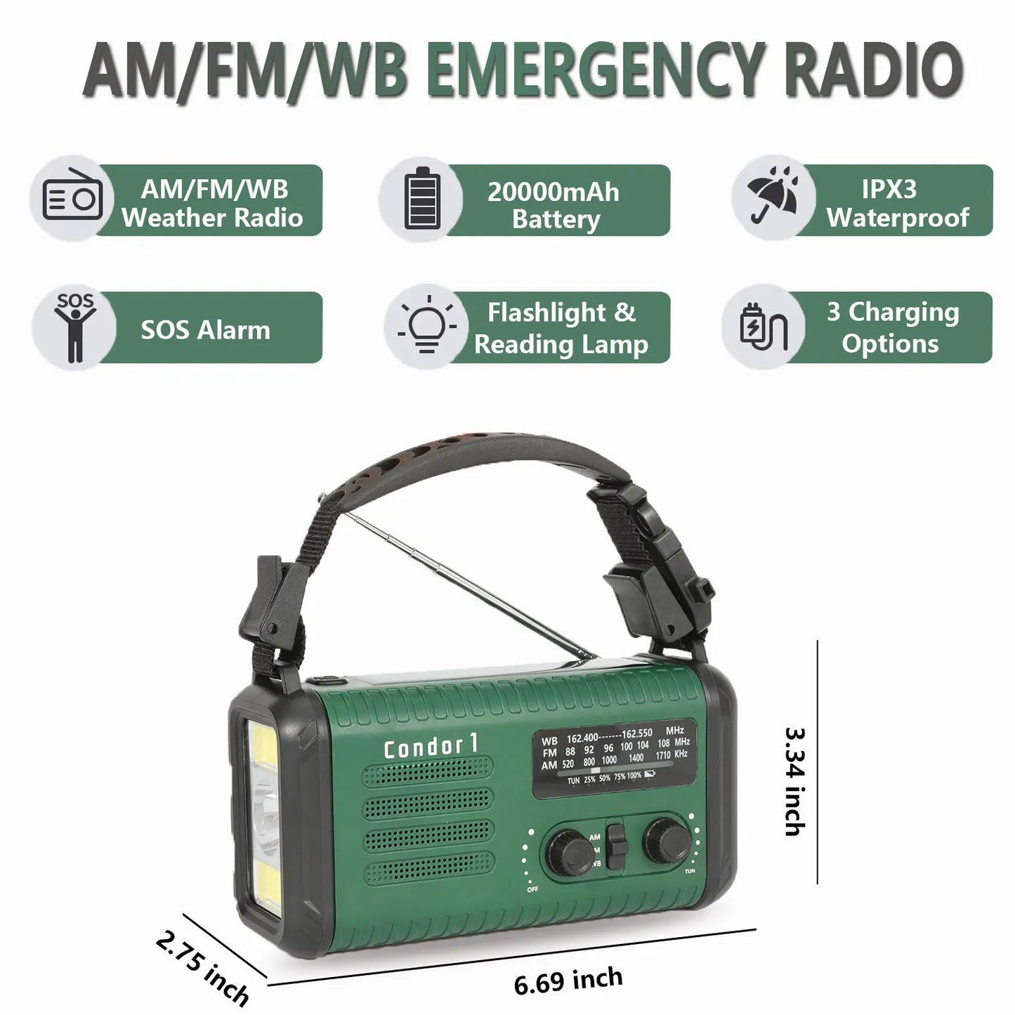 20000mAh Crank Radio, Emergency Radio, Solar Radio, NOAA/AM/FM Weather Radio, Torch & LED Reading Light, SOS Alarm, Compass