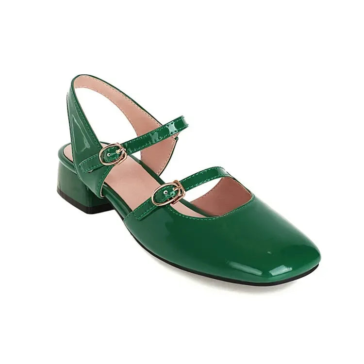 LIHUAMAO Patent leather women sandals ankle strap square toe sandals high heel shoes green