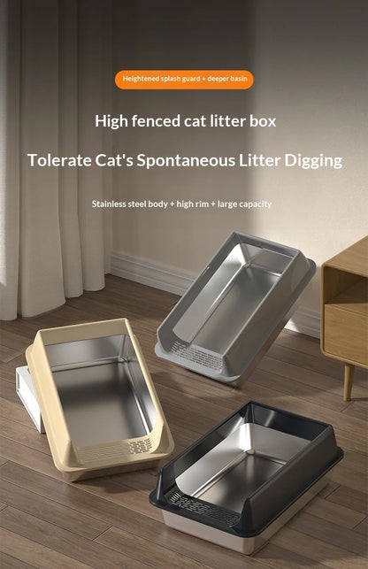 Stainless Steel Semi-closed Rectangular Cat Litter Box with Top-in Lid Anti-splash High Fence Pet Cleaning