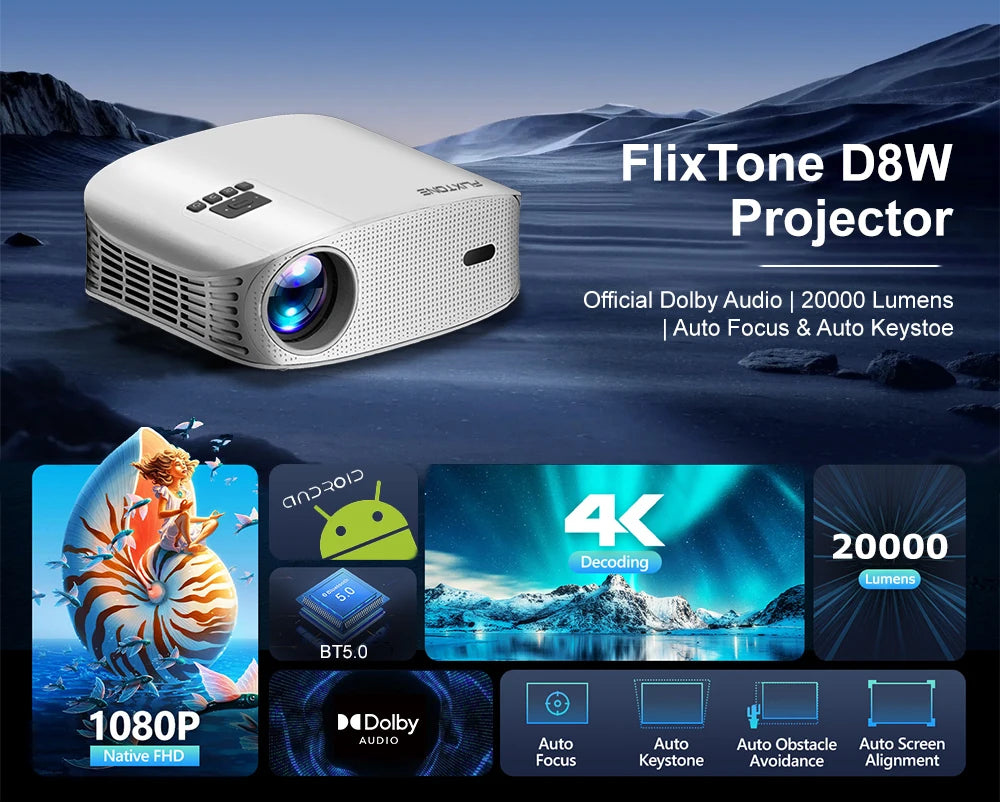 EU Stock D8W Projector Dolby Audio Full HD 1080P Support 4K Portable Projector 4K Android Home Cinema Beamer