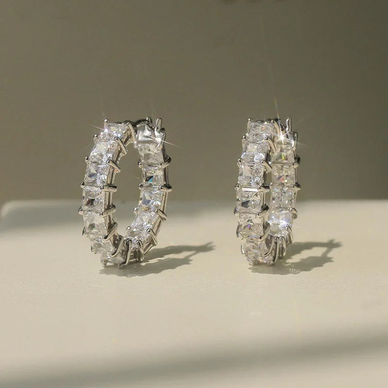 Luxury White Gold Geometric Hoop Earrings Baguette Cut Diamonds Channel Setting Inlay Technology for Women Everyday Wear Fine