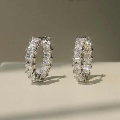 Luxury White Gold Geometric Hoop Earrings Baguette Cut Diamonds Channel Setting Inlay Technology for Women Everyday Wear Fine