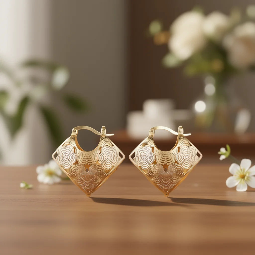 Gold Plated Floral Hoop Earrings For Women Party Fashion Dangle Earrings Alloy Metal Jewelry
