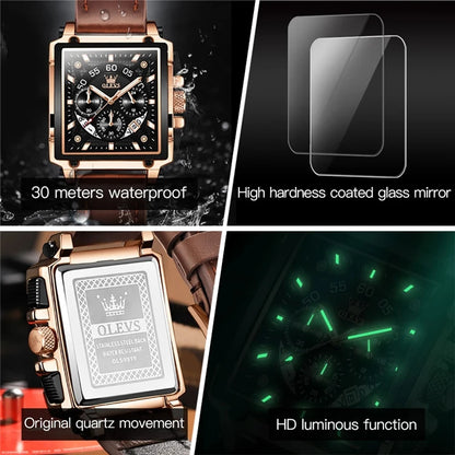 OLEVS Top Brand Male Watches Square Quartz Watch Watch for Men Waterproof Leather Strap Sport Clock Male Relogio Masculino