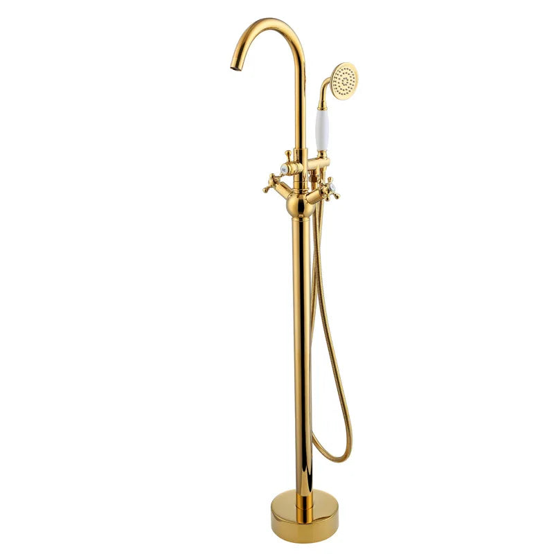 Two Handle Freestanding Bathtub Faucet Polished Gold Floor Mounted Brass Bathroom Faucet with Ceramic Valve Core