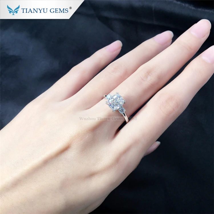 Tianyu Gems Fine Jewelry Cushion Cut Pure S925 Sterling 18k Gold Plated Moissanite Engagement Wedding Silver Rings for Women