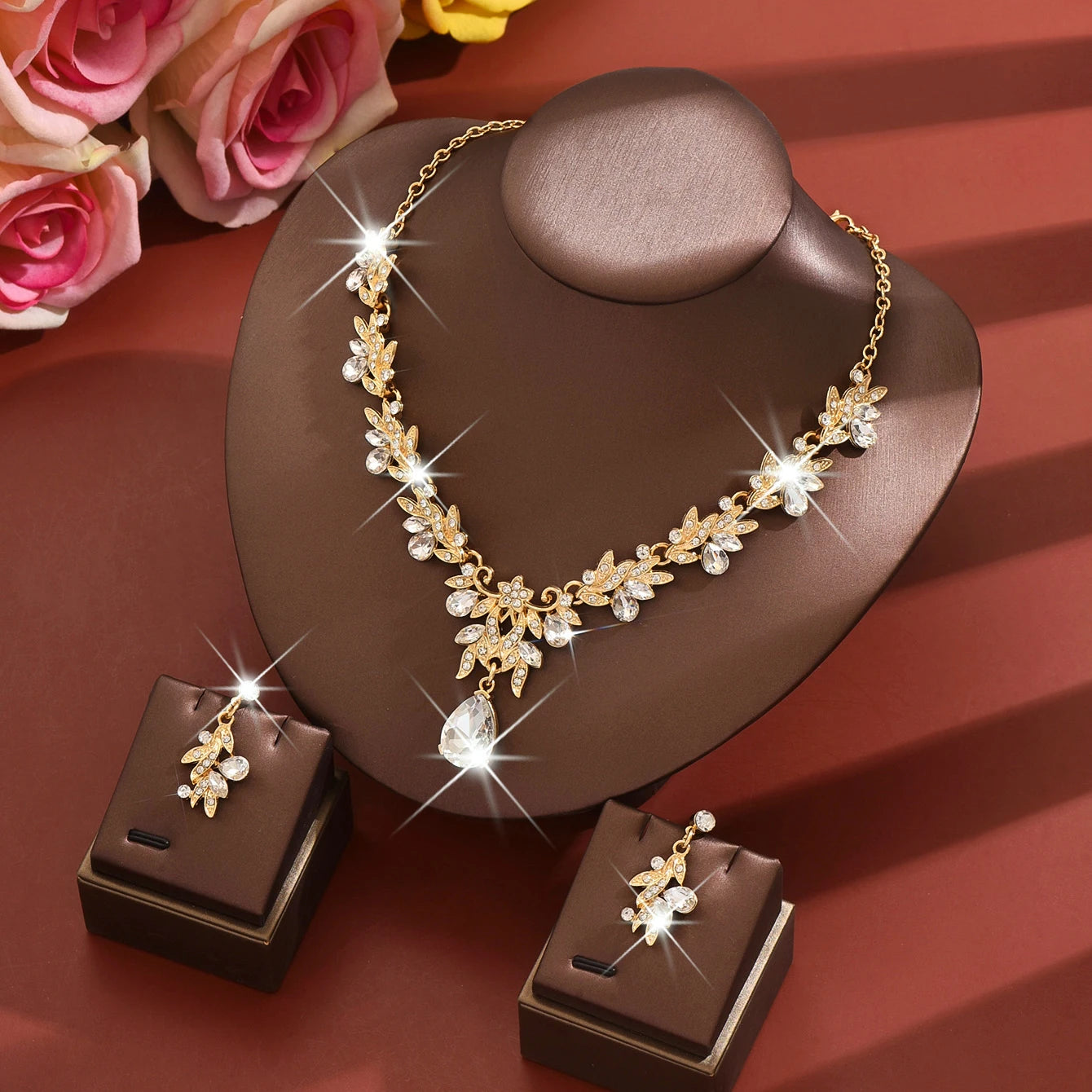 Fashion Girl Party Banquet Bridal Wedding Jewelry Set Full of Diamond Drop Pendant Golden white Necklace Earrings Set for Women