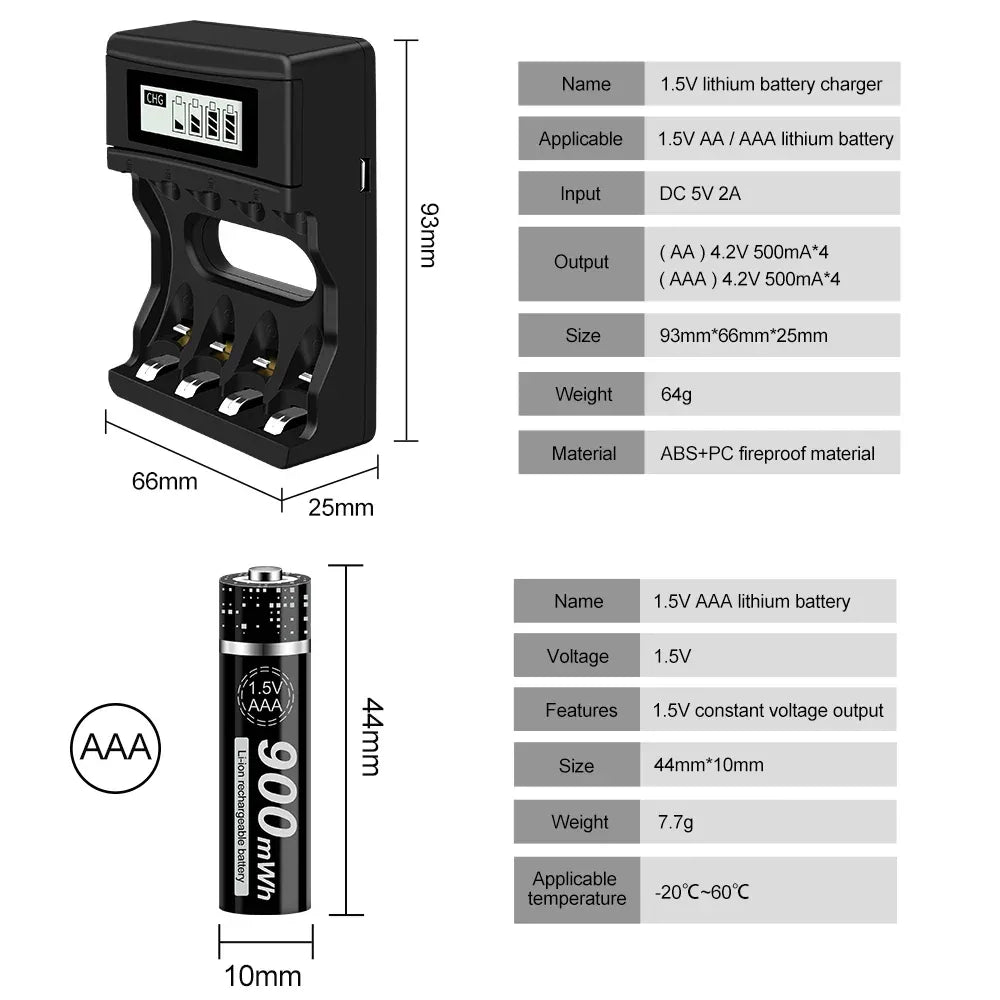 100% New 1.5V AAA Rechargeable Battery 900mWh 1.5V Li-ion Lithium Liion Li ion 3A aaa Batteries for Toy Car Camera Flashlight