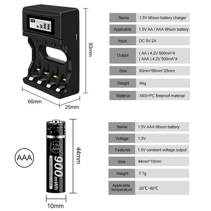 100% New 1.5V AAA Rechargeable Battery 900mWh 1.5V Li-ion Lithium Liion Li ion 3A aaa Batteries for Toy Car Camera Flashlight