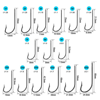 ICERIO 50PCS High Carbon Steel Barbed O'Shaughnessy Jig Hooks Saltwater Fishing Ringed Hooks Accessories Tackle