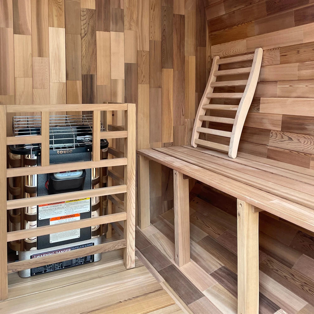 4 People Outdoor-style Traditional Sauna Room with Spliced Red Cedar square Frame and Tea-colored Glass Steam Sauna