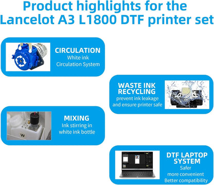 Lancelot 30cm DTF Printer with L1800 Print Head CMYK+White DTF Ink System for Custom Apparel and Startup Printing