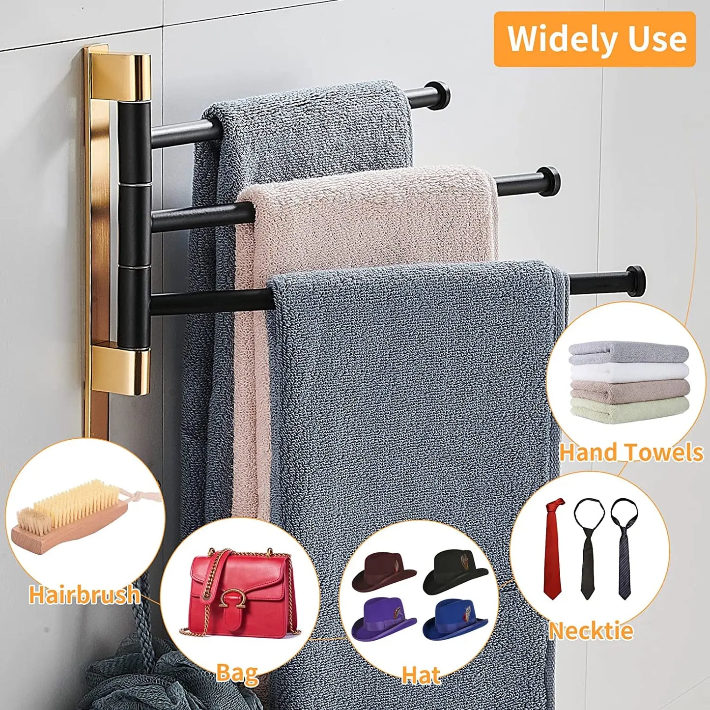 Hongdec Modern Bronze Finish Aluminum Double Towel Bars with Hooks for Bathroom Swing Towel Rack 3-Year Warranty