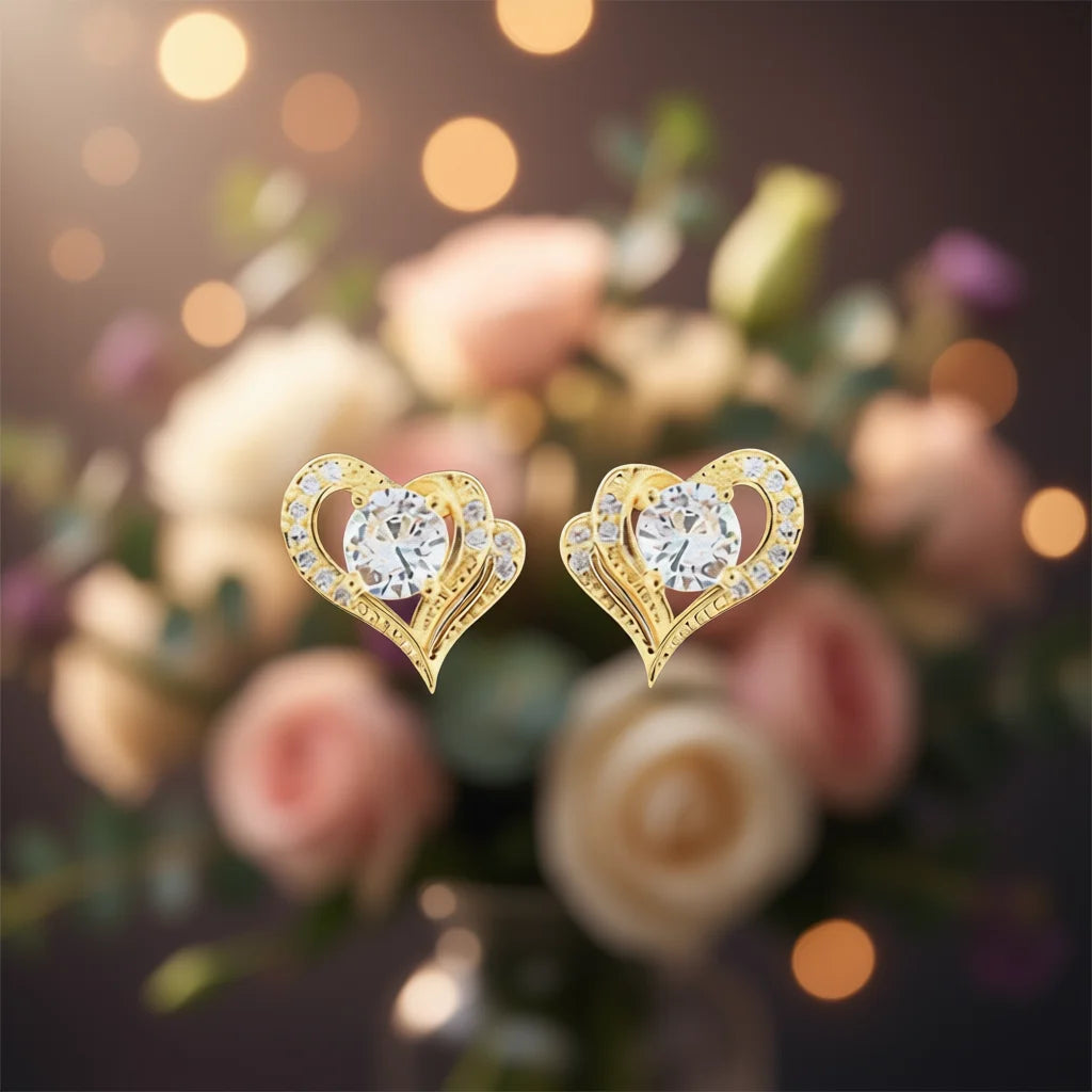 E1233 Gold Heart Stud Earrings With Round Zircon Claw Setting For Women Romantic Fashion Jewelry Gift
