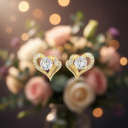 E1233 Gold Heart Stud Earrings With Round Zircon Claw Setting For Women Romantic Fashion Jewelry Gift