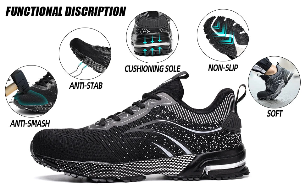 JIANKUN ASTM CE Lightweight Men's Work Snaker Safety Shoes Comfortable Breathable Mesh Non-Slip Steel Toe Fashion Trainers