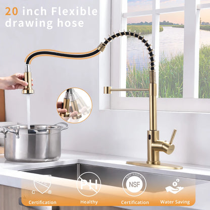 Luxury Single-Hole Kitchen Faucet Non-TOUCH Sensitive Brushed Gold  Ceramic Cartridge Sink Faucet with Pull Sprayer
