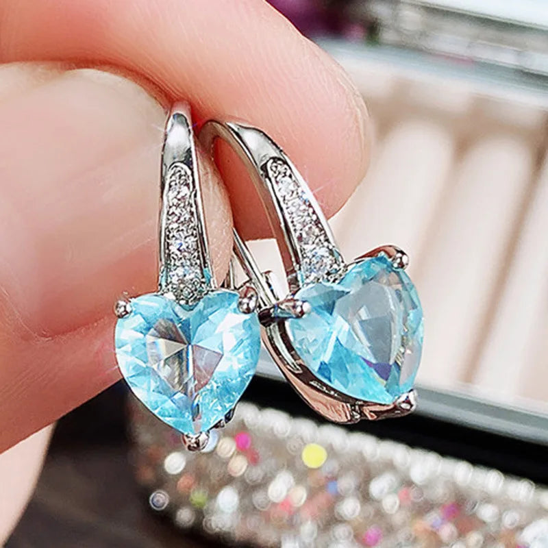 Elegant Heart Shape Crystal Drop Earrings For Women 925 Silver Claw Setting Sea Blue Romantic Everyday Wear Jewelry