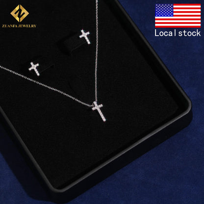 USA Warehouse Fashion Jewelry Iced Out Cross Necklace Pendant 925 Silver Moissanite Diamond Cross Necklace Women Best Gift