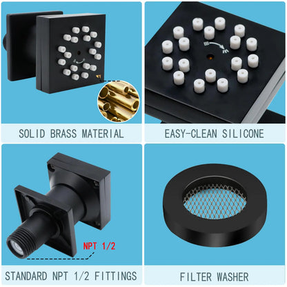 High Pressure Wall Mount Brass Square Showerhead Spa Massage Shower Sprayer Nozzles 2-Function Shower Body Sprays Jet