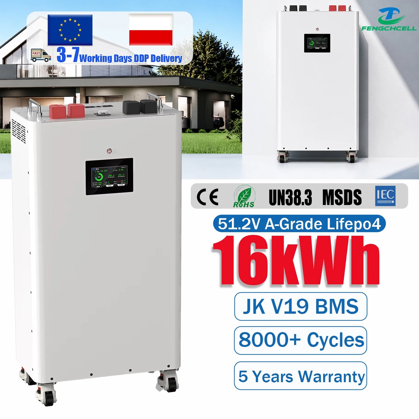 Poland Local Stock 48V 51.2V Movable Floor Standing 314Ah Lifepo4 Solar Battery with JK V19 BMS for Home Power Energy Storage