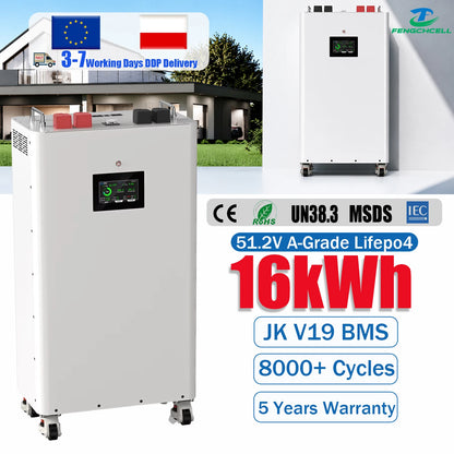 Poland Local Stock 48V 51.2V Movable Floor Standing 314Ah Lifepo4 Solar Battery with JK V19 BMS for Home Power Energy Storage