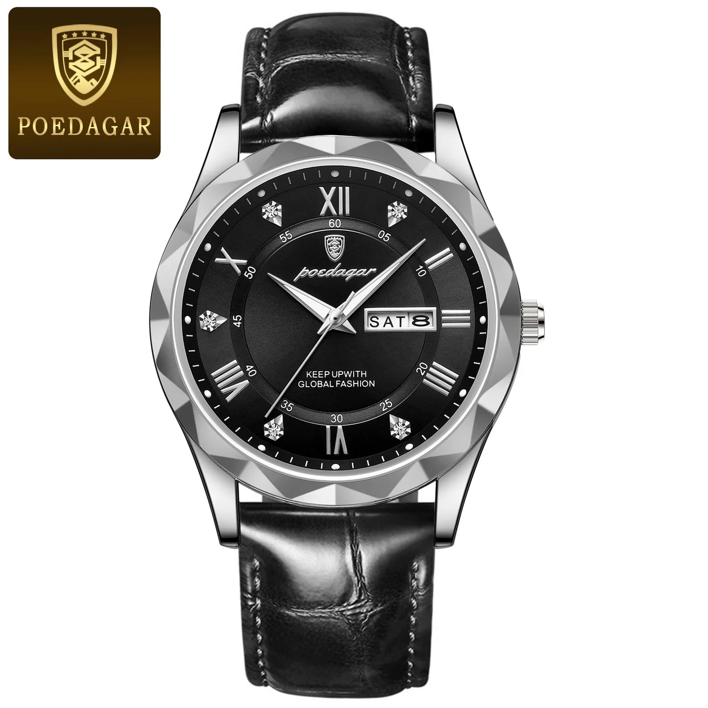 POEDAGAR Watches for Men Classic Luxury Week Display Sports Quartz Watch Mens Waterproof Leather Band Date Wristwatches Male