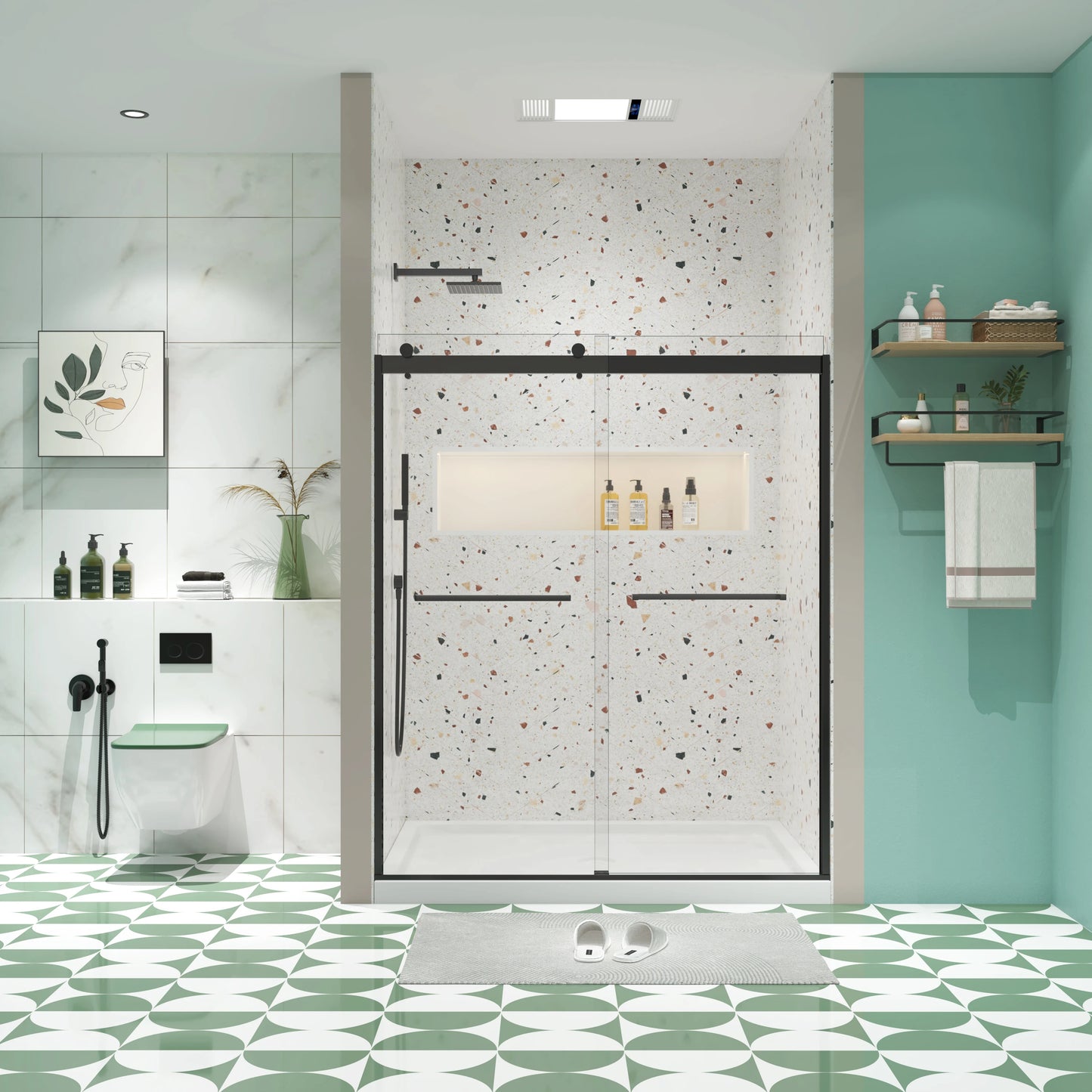 Matte Black Double Sliding Shower Door, 5/16" Nano-Coated Tempered Glass & 36K-Cycle Tested Hardware