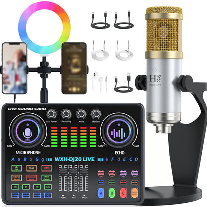 DJ20 Live Sound Card Audio Mixer 48V Capacitive Microphone Sound Card Full Set Mobile Phone Live Streaming Karaoke Sound Card