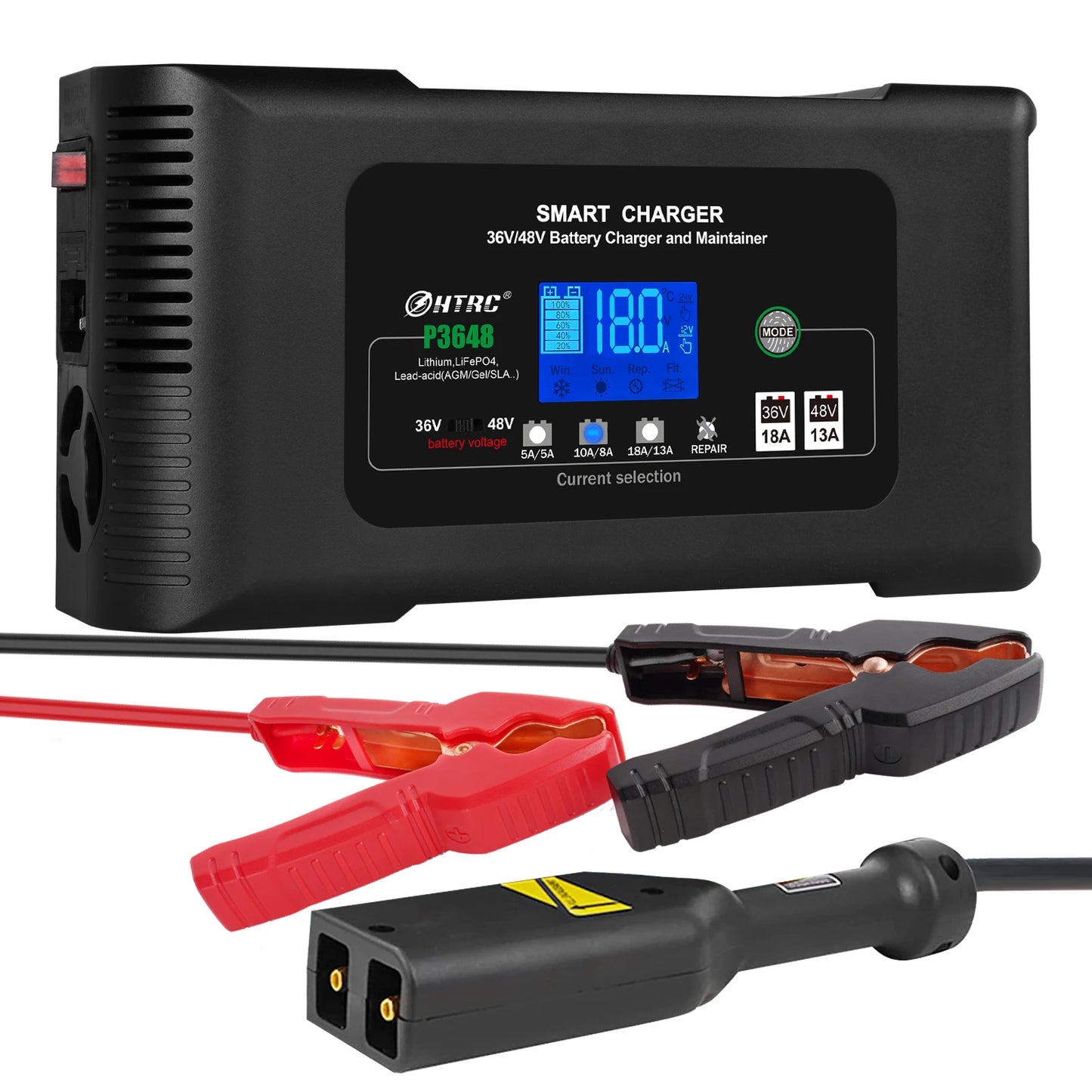 HTRC Smart Charger 48V/13A for 36Volt Golf Cart PB LiFePO4 Lead-Acid Battery & Electric Automatic Motorcycle 36V/18A AC Port