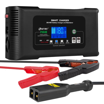 HTRC Smart Charger 48V/13A for 36Volt Golf Cart PB LiFePO4 Lead-Acid Battery & Electric Automatic Motorcycle 36V/18A AC Port