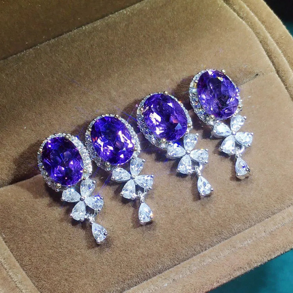 Maegestic Purple Drop Earrings with Oval Gemstone and Pear Cut Crystal Flower Design Zinc Alloy Romantic for Women Party Jewelry