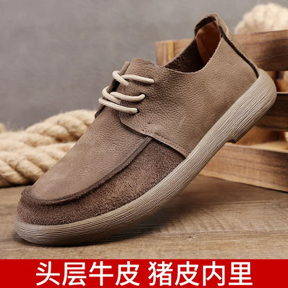 Toe Men's Genuine Leather Shoes Lace-up Breathable Retro Walking Style Casual Rubber Outsole Solid Pattern Cow Leather Upper