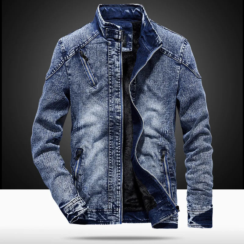 New Vintage Men's Denim Jacket with Wool Fabric Solid Casual Stand Collar Coat Winter Clothes for Men