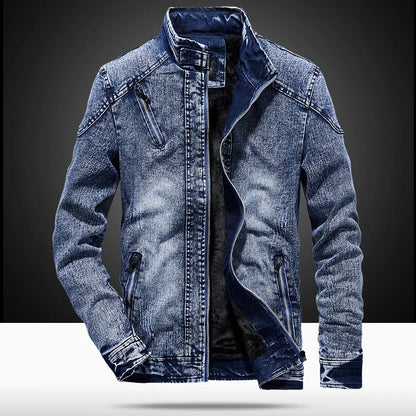 New Vintage Men's Denim Jacket with Wool Fabric Solid Casual Stand Collar Coat Winter Clothes for Men