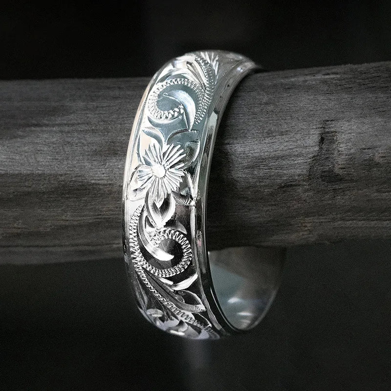 Q559 Silver Wedding Band Flower Design Classic Unisex Fine Ring