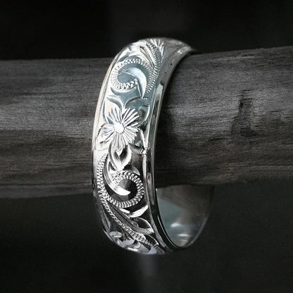 Q559 Silver Wedding Band Flower Design Classic Unisex Fine Ring