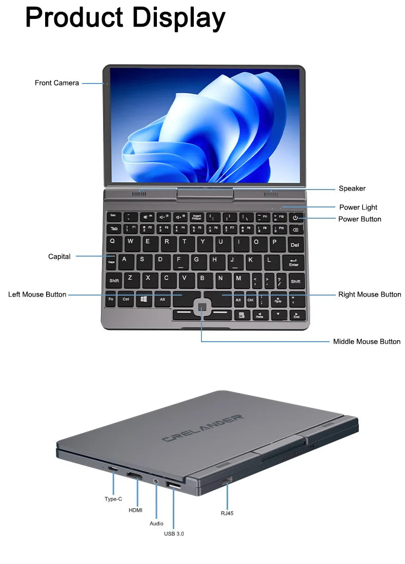 Crelander 2 In1 Mini Computadoras Laptop 8 Inch Intel N150 Cpu Touchscreen DDR5 12GB RAM WiFi 6 Portable Tablet PC Pocket Laptop