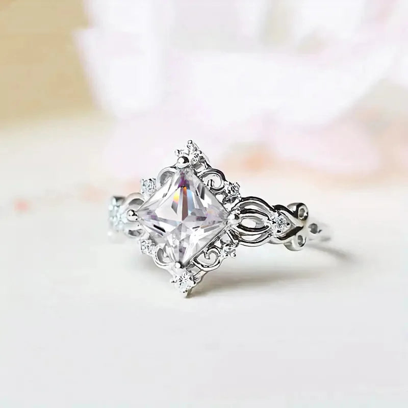 Geometric Princess Cut Ring Prong Set Women's Elegant Fashion Jewelry
