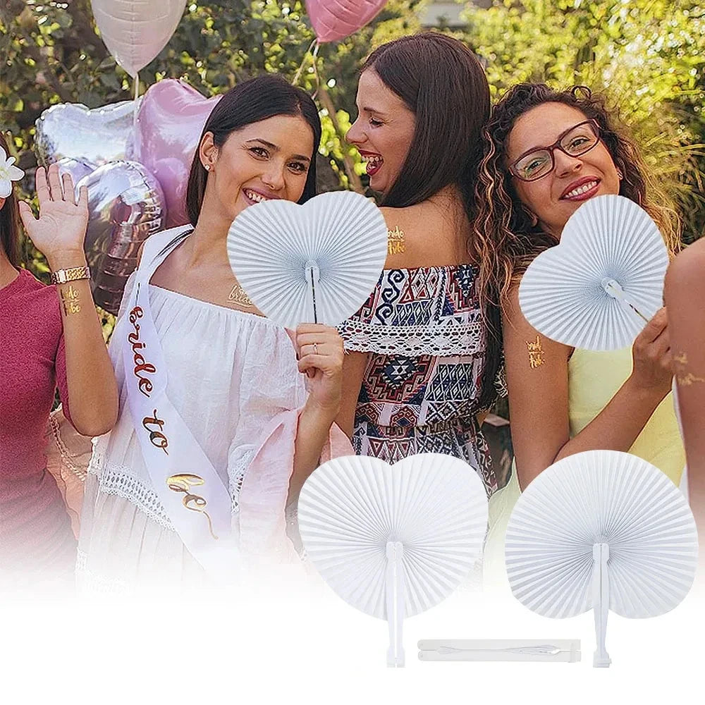 10pcs White Folding Fan Heart Shape Circular Blank Paper Hand Fans Wedding Outdoor Gatherings Party Birthday Wedding Decor