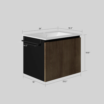 US Warehouse Floating Storage Cabinet Combo W/ Black Towel Rack, Black&Walnut 24" Wall-mount Bathroom Sink Vanity