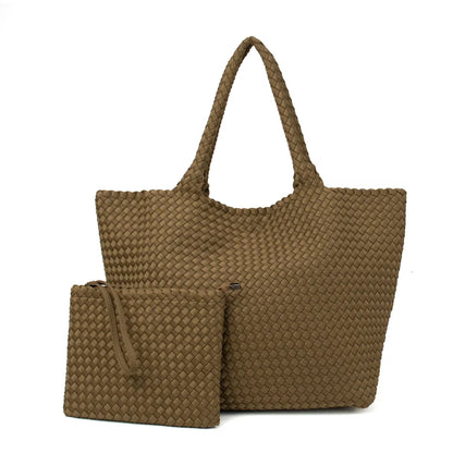 2 Pcs Set Fashion Casual Shoulder Waterproof Lady Woven Purse Hobo Women Neoprene Tote Bag Large Capacity Patchwork Handbag