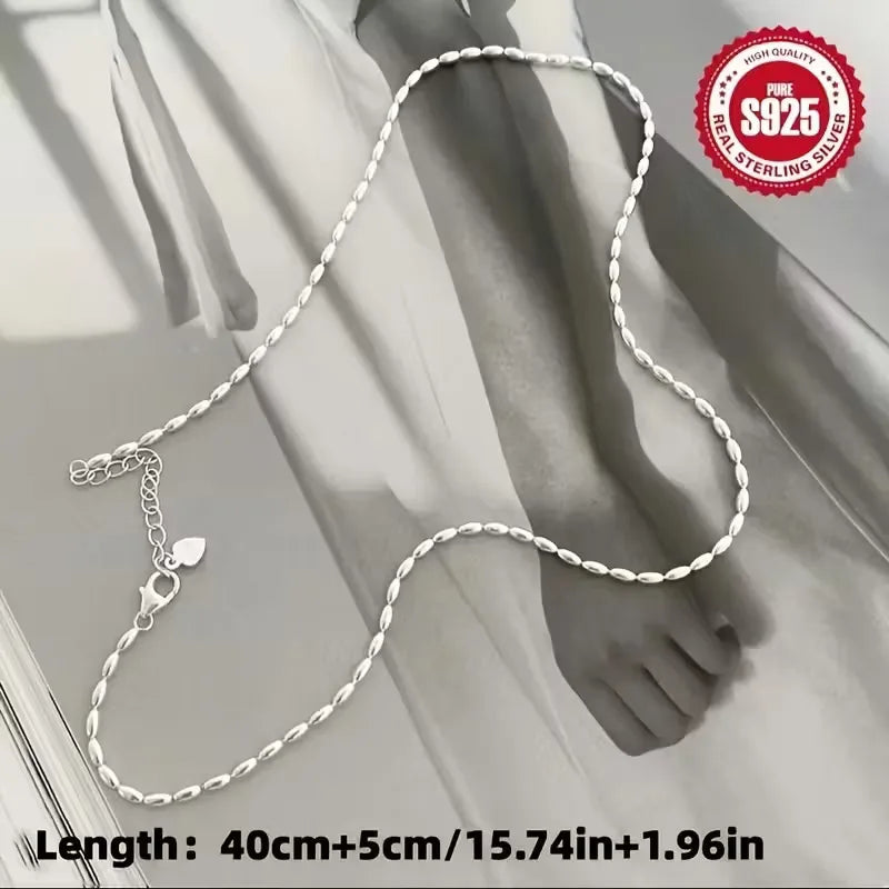Lanshang S925 Sterling Silver Necklace for Women Olive Oval Beads Fine Chains Necklaces Beaded Design