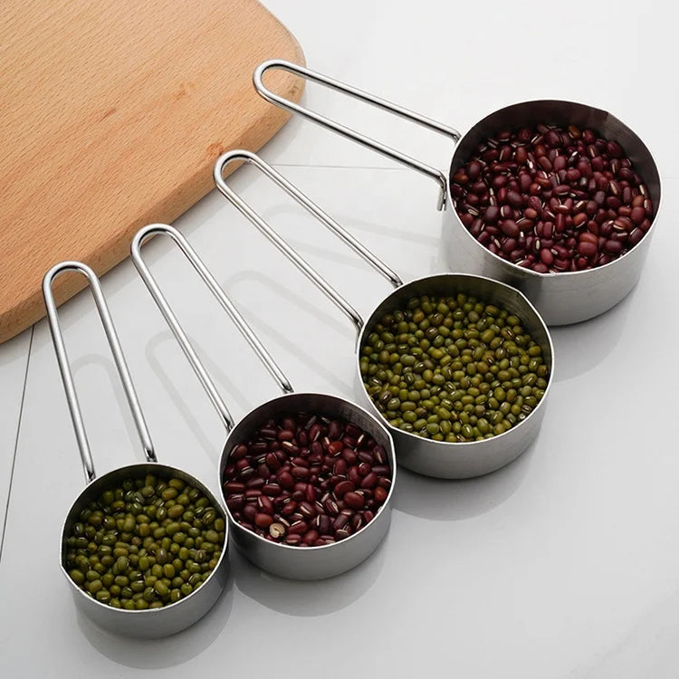 4-Piece Stainless Steel Kitchen Tool Set with Ring Accessories Measuring Cups and Spoons for Baking Boxed Packaging